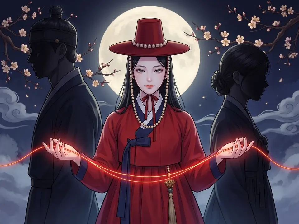 The diviner holding a red thread between two silhouettes under a full moon