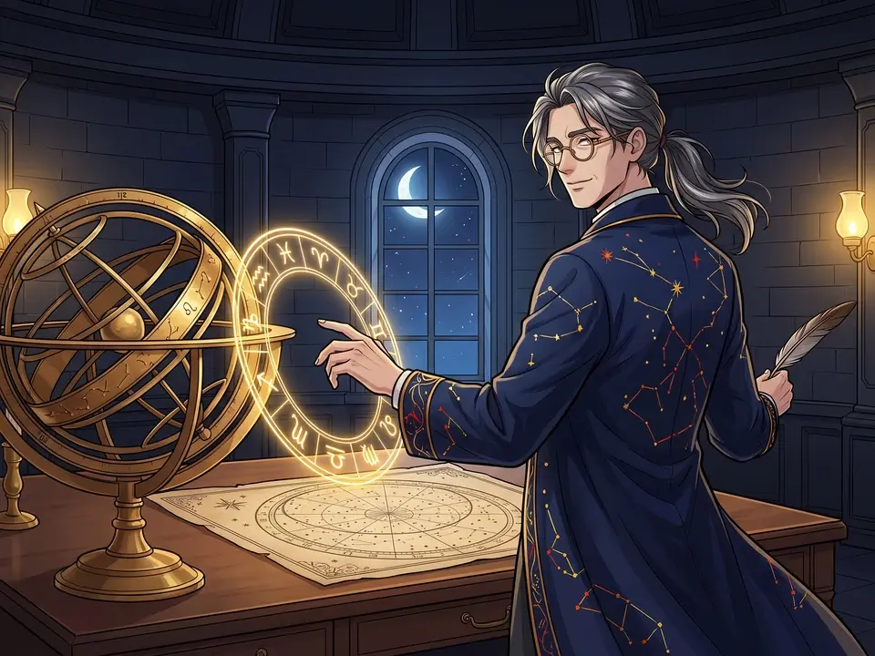 An astrologer beside a brass armillary sphere, tracing a glowing zodiac ring