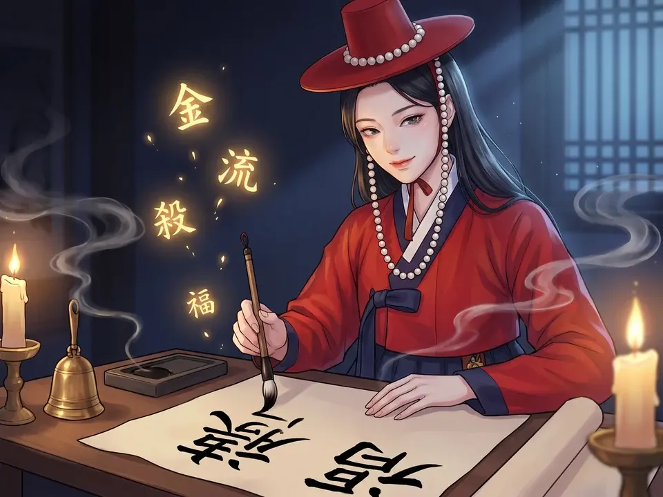 A hanbok-clad diviner brushing your eight characters in ink by candlelight