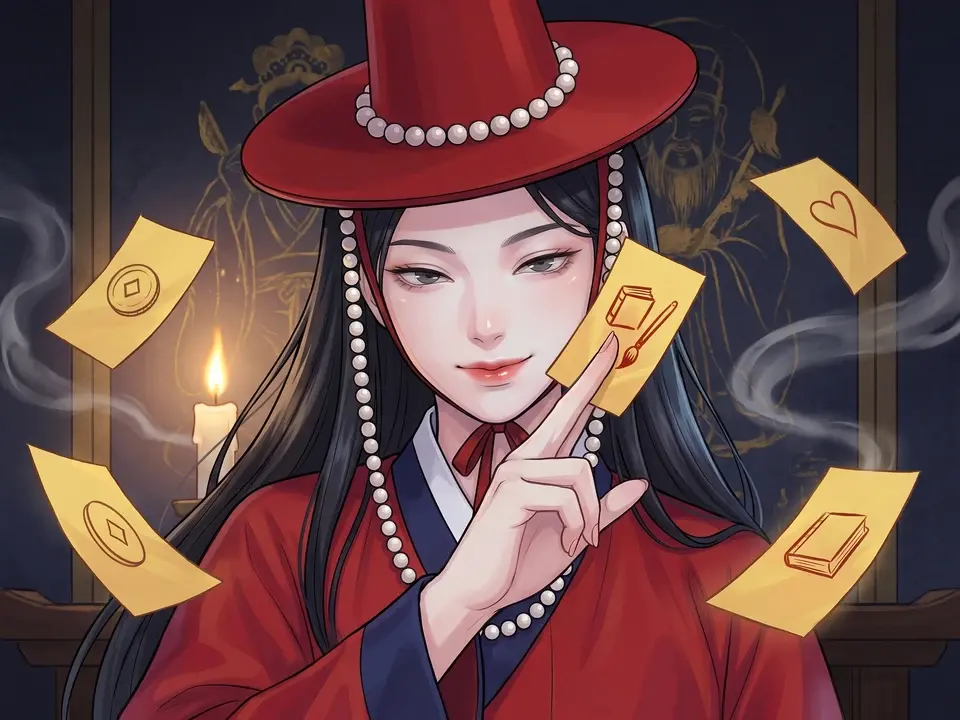The diviner holding up a topic slip — coin, book, or heart — for you to pick
