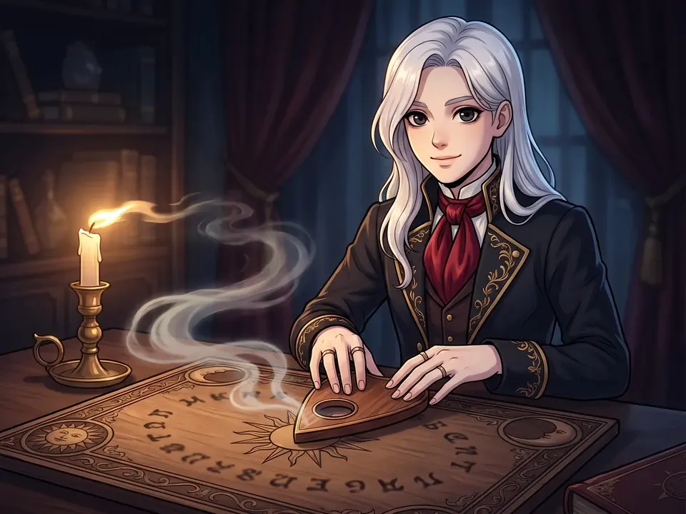 A pale-haired medium resting both hands on a wooden spirit board by candlelight