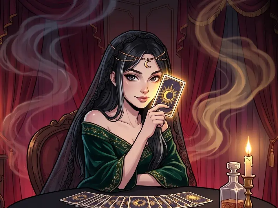 A young veiled card reader by candlelight, a glowing sun-and-moon card lighting her face